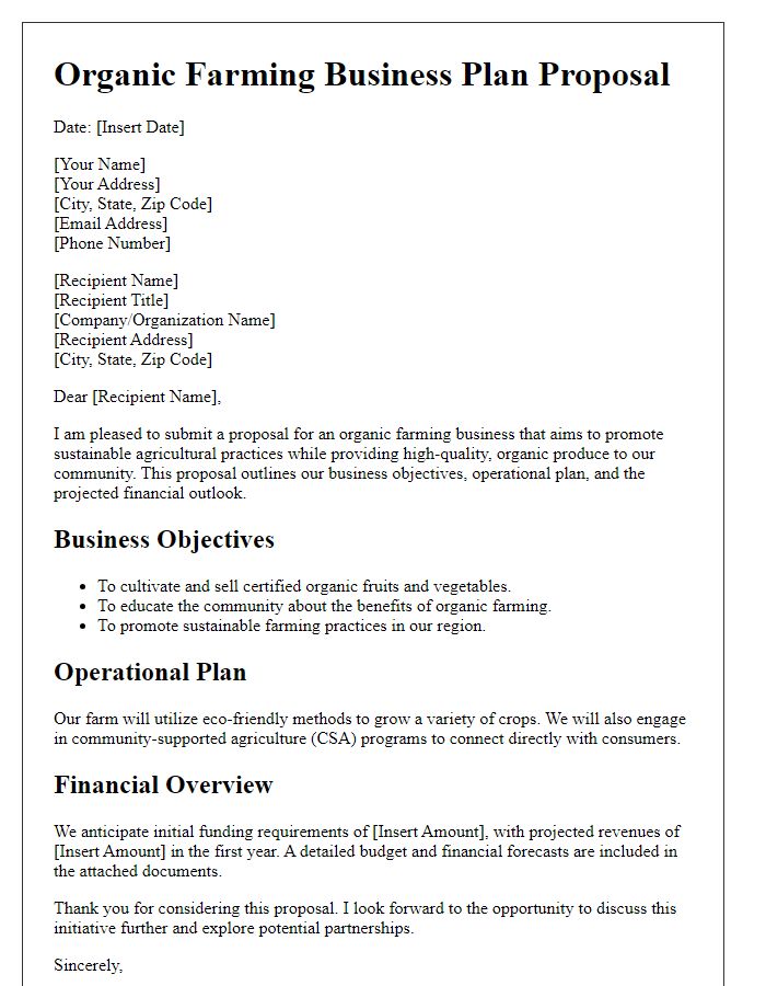 Letter template of Organic Farming Business Plan Proposal