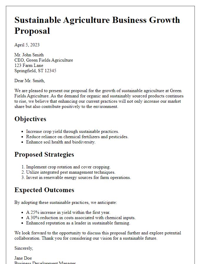 Letter template of Sustainable Agriculture Business Growth Proposal