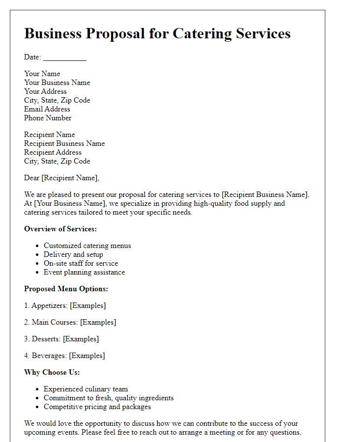 Letter template of food supply business proposal for catering services