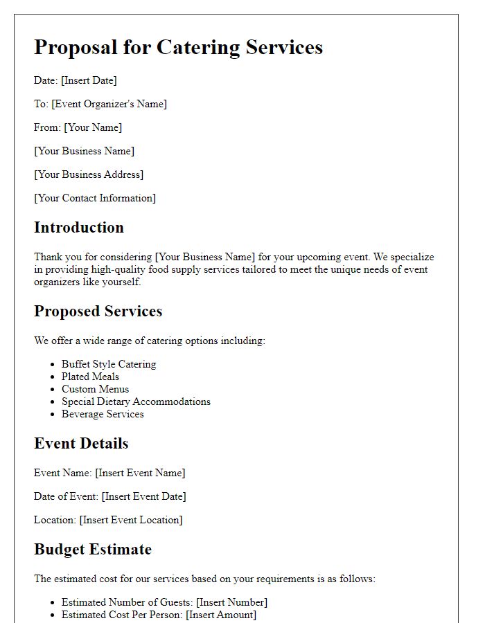 Letter template of food supply business proposal for event organizers