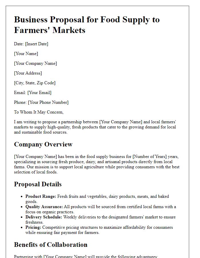 Letter template of food supply business proposal for farmers' markets