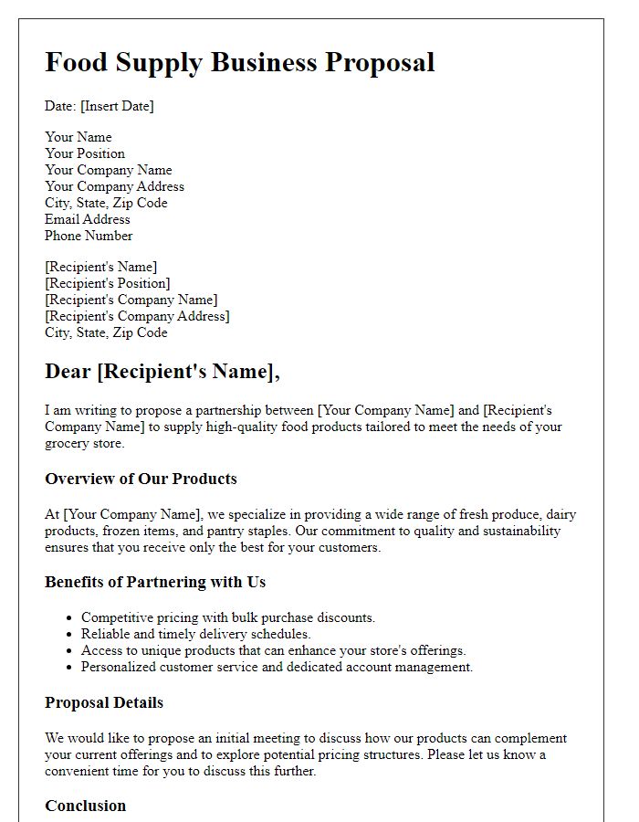 Letter template of food supply business proposal for grocery stores