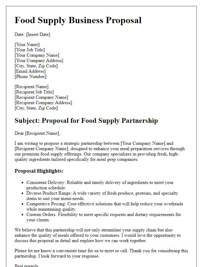 Letter template of food supply business proposal for meal prep companies