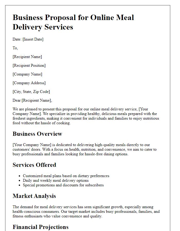 Letter template of food supply business proposal for online meal delivery services