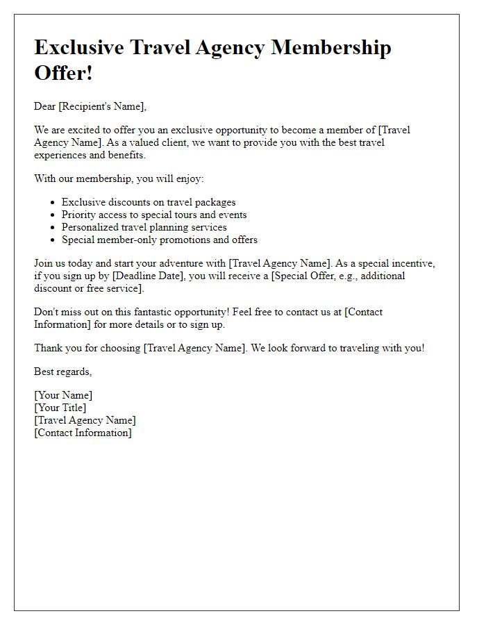 Letter template of travel agency membership offer