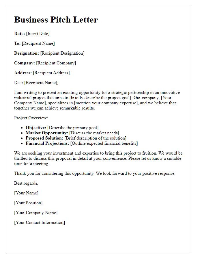 Letter template of industrial project business pitch