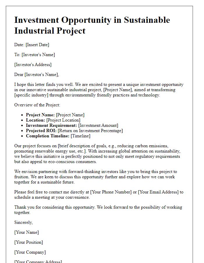 Letter template of sustainable industrial project investment opportunity