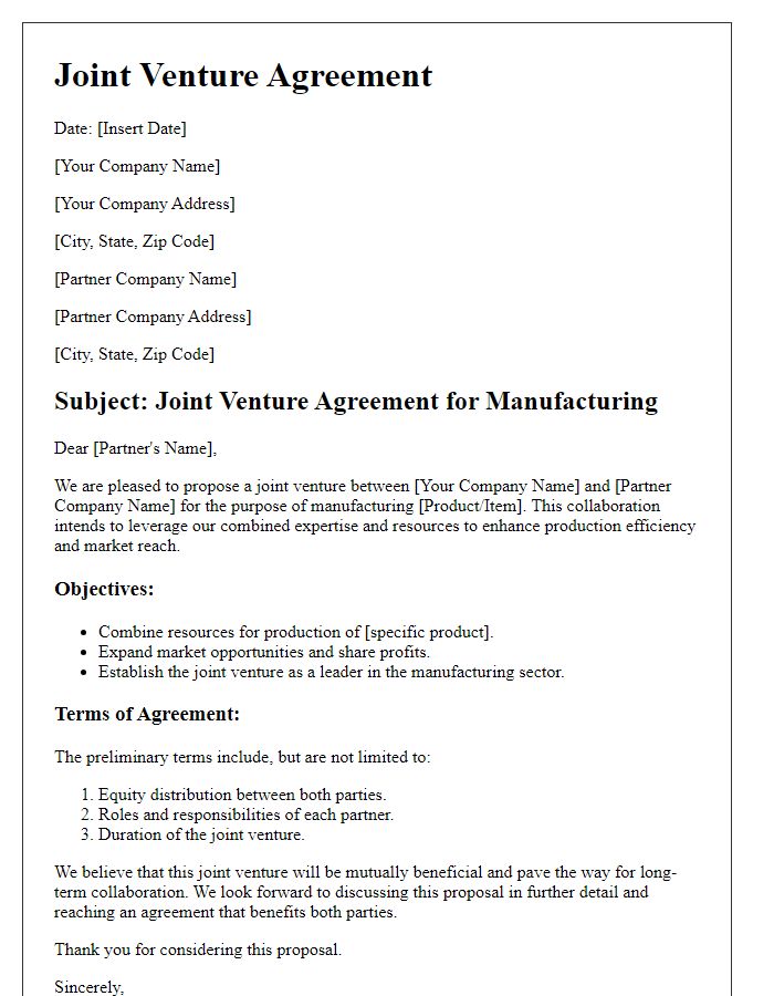 Letter template of joint venture in manufacturing