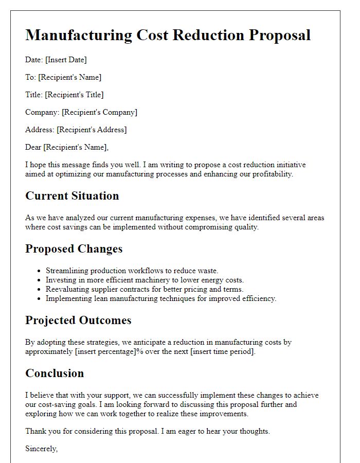 Letter template of manufacturing cost reduction proposal