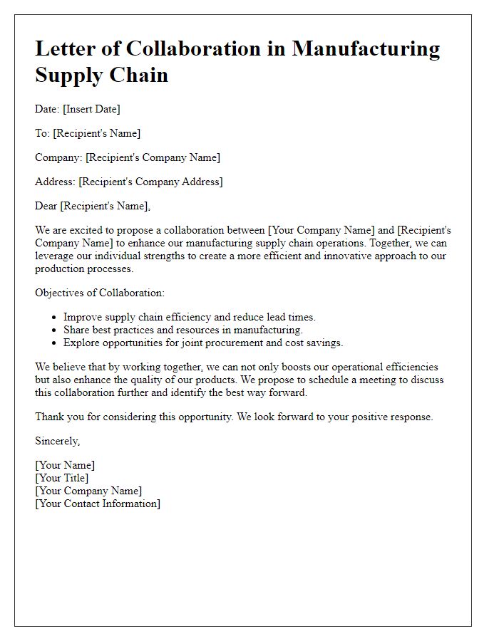 Letter template of manufacturing supply chain collaboration