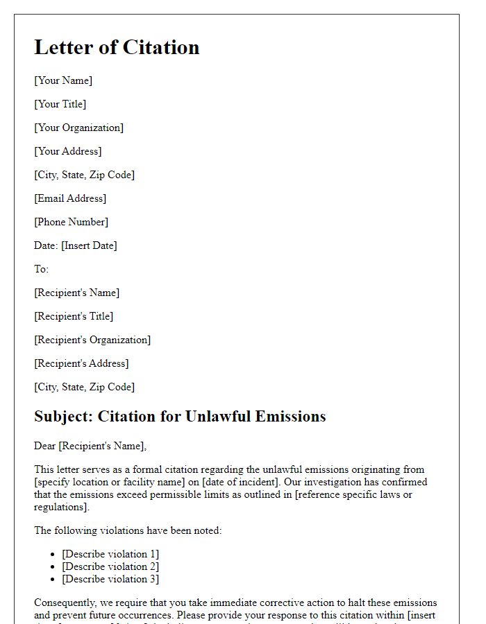 Letter template of citation for unlawful emissions