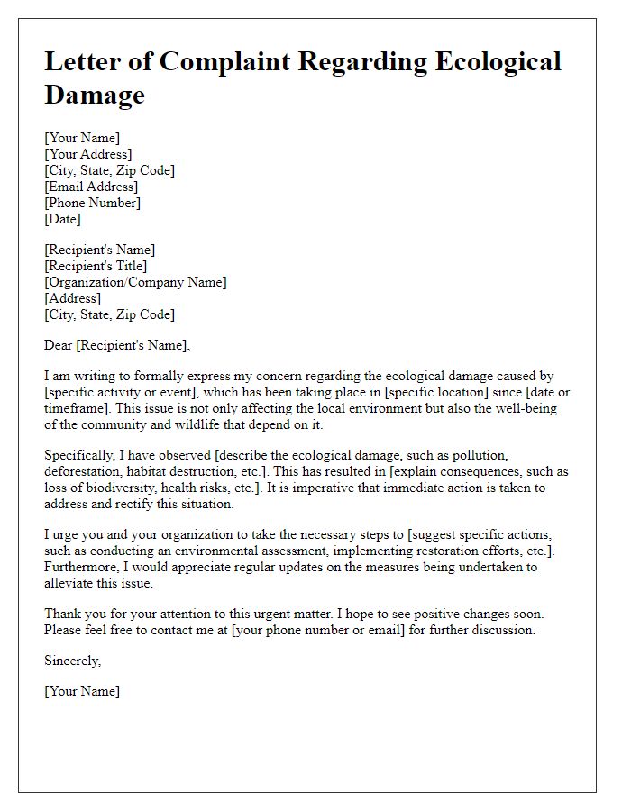 Letter template of complaint regarding ecological damage