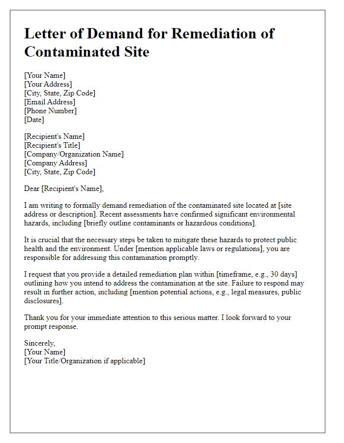 Letter template of demand for remediation of contaminated site