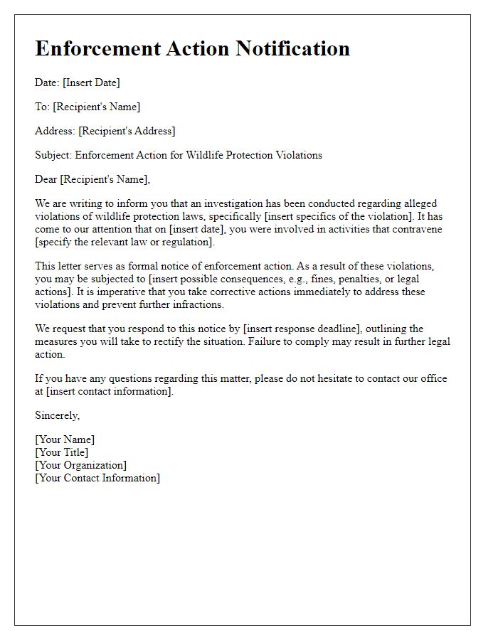 Letter template of enforcement action for wildlife protection violations