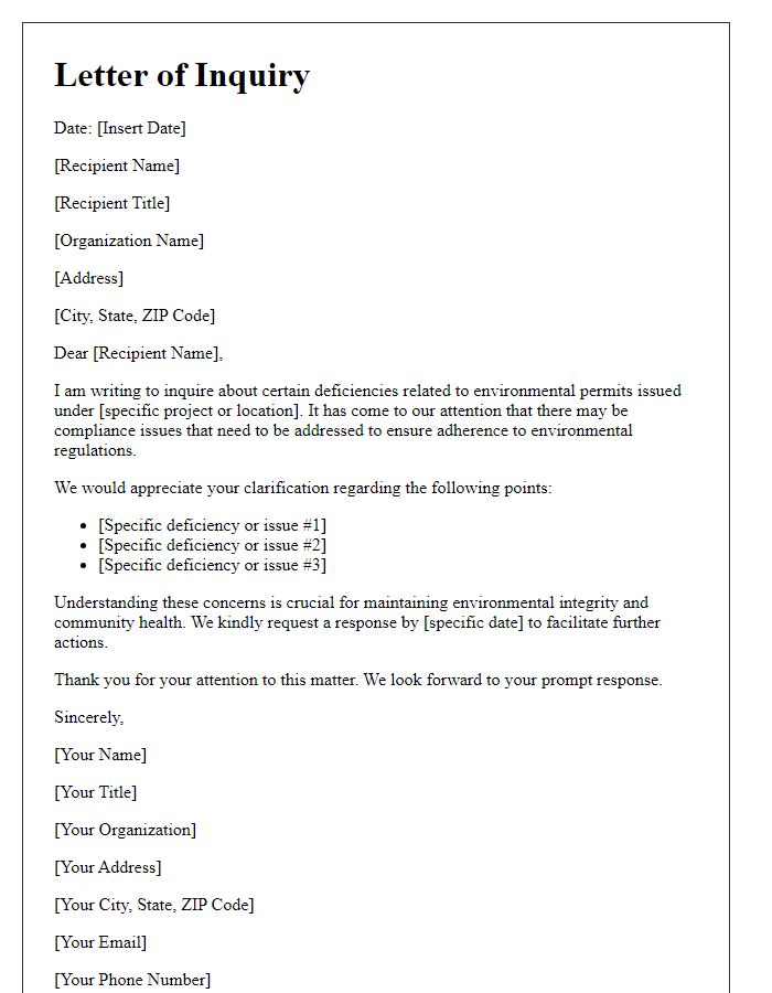 Letter template of inquiry into environmental permit deficiencies