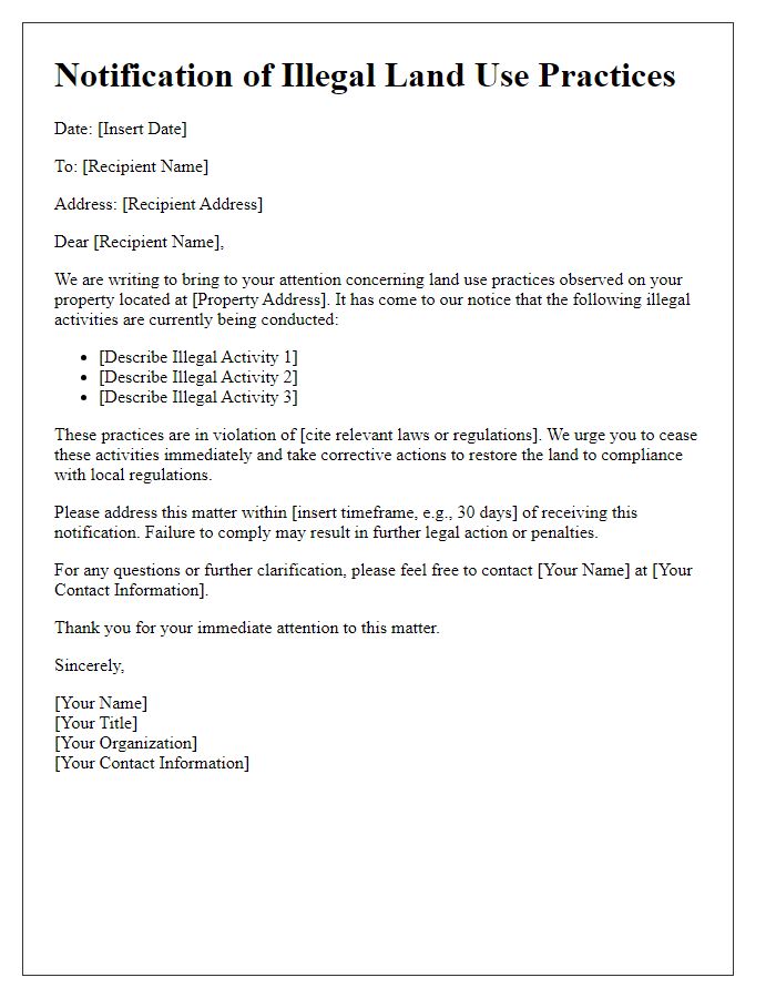 Letter template of notification for illegal land use practices