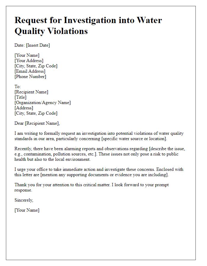 Letter template of request for investigation into water quality violations