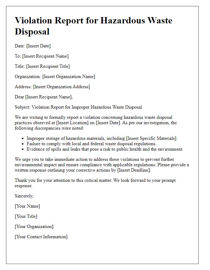 Letter template of violation report for hazardous waste disposal