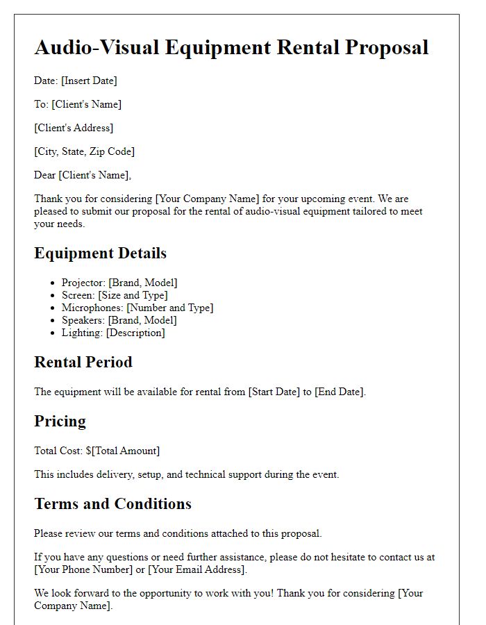 Letter template of an audio-visual equipment rental proposal