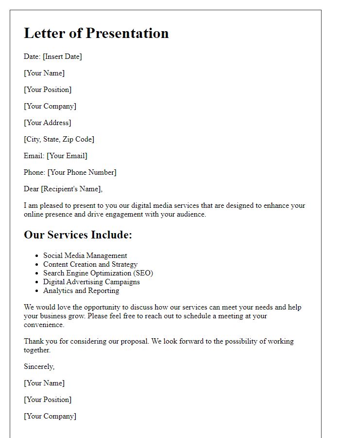 Letter template of a digital media services presentation