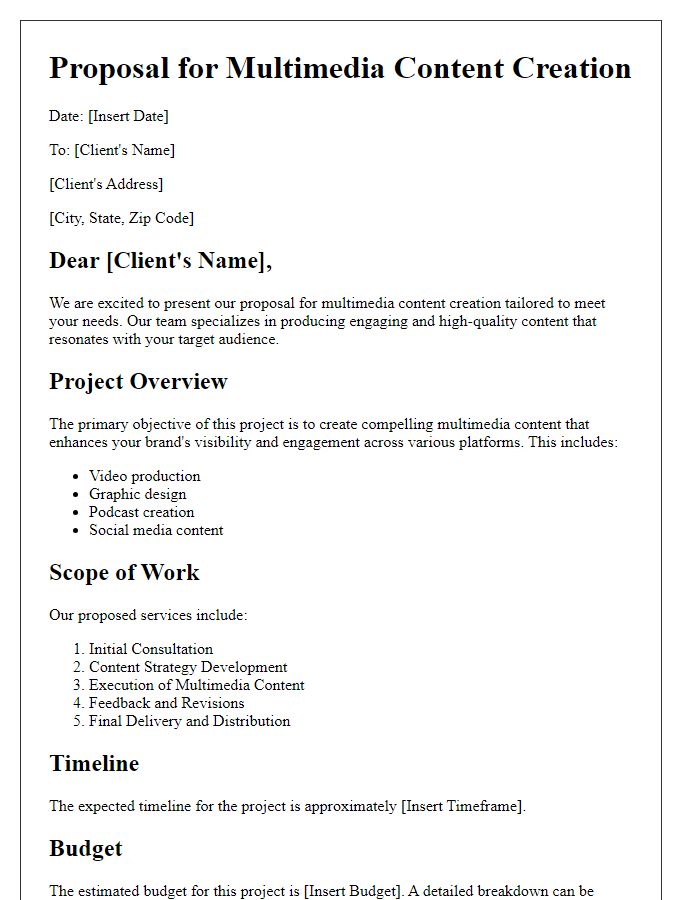 Letter template of a multimedia content creation proposal