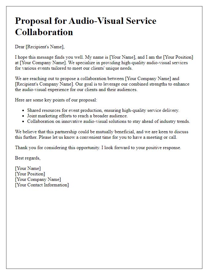 Letter template of a proposal for audio-visual service collaboration