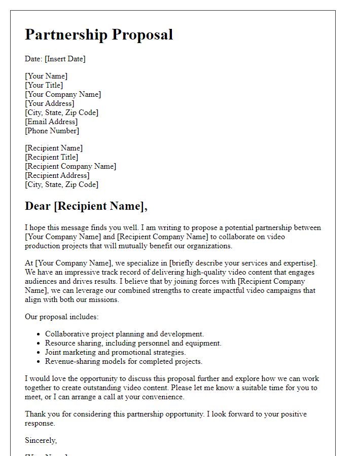 Letter template of a video production partnership proposal