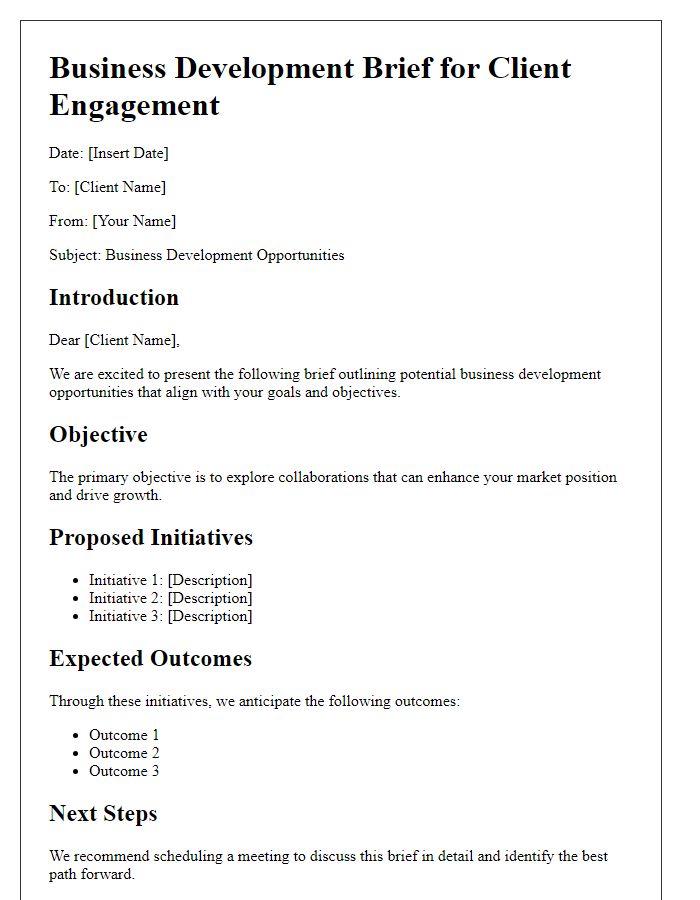 Letter template of business development brief for client engagement