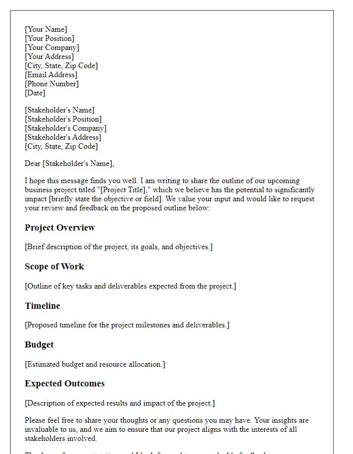 Letter template of business project outline for stakeholder review