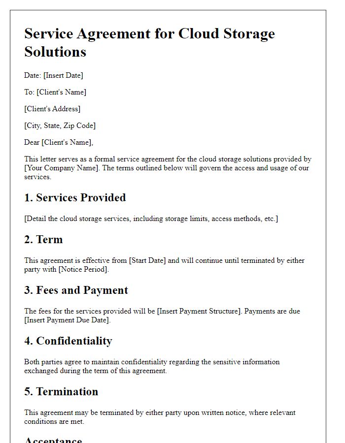 Letter template of service agreement for cloud storage solutions