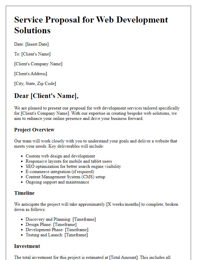 Letter template of service proposal for web development solutions