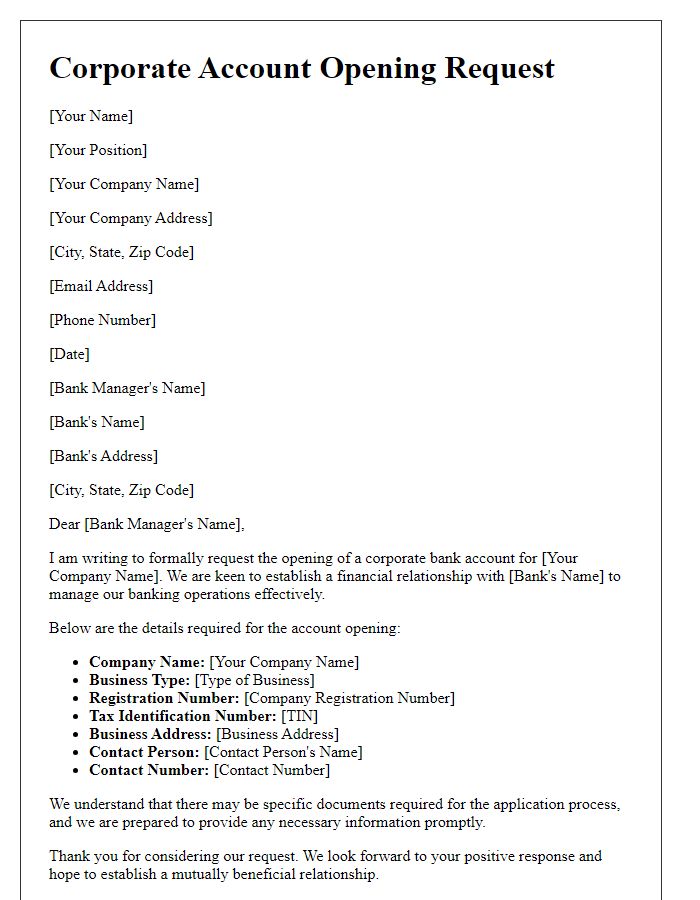 Letter template of banking services corporate account opening request