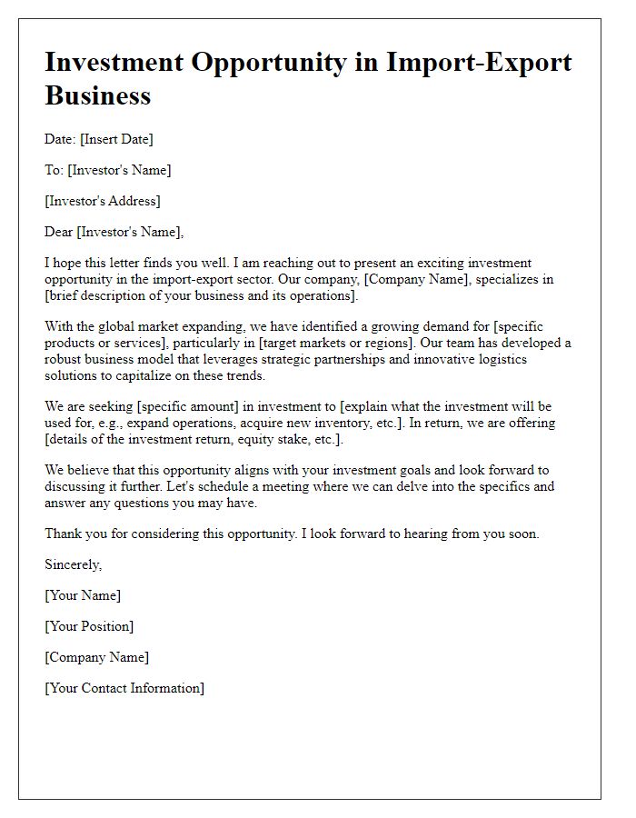 Letter template of import-export business investment opportunity