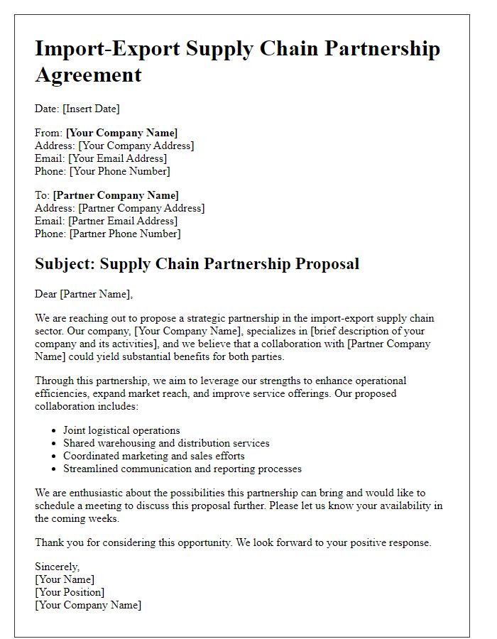 Letter template of import-export supply chain partnership