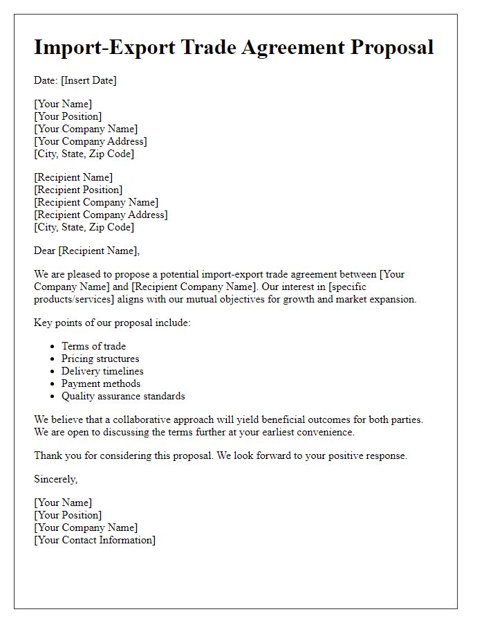 Letter template of import-export trade agreement suggestion