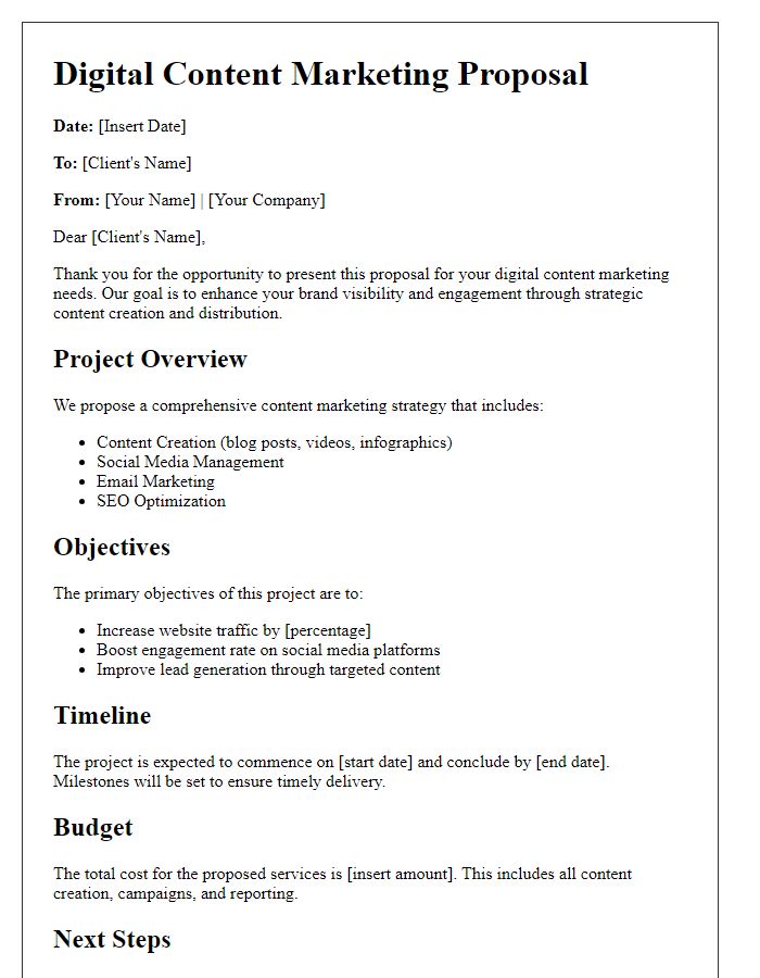 Letter template of a digital content marketing proposal