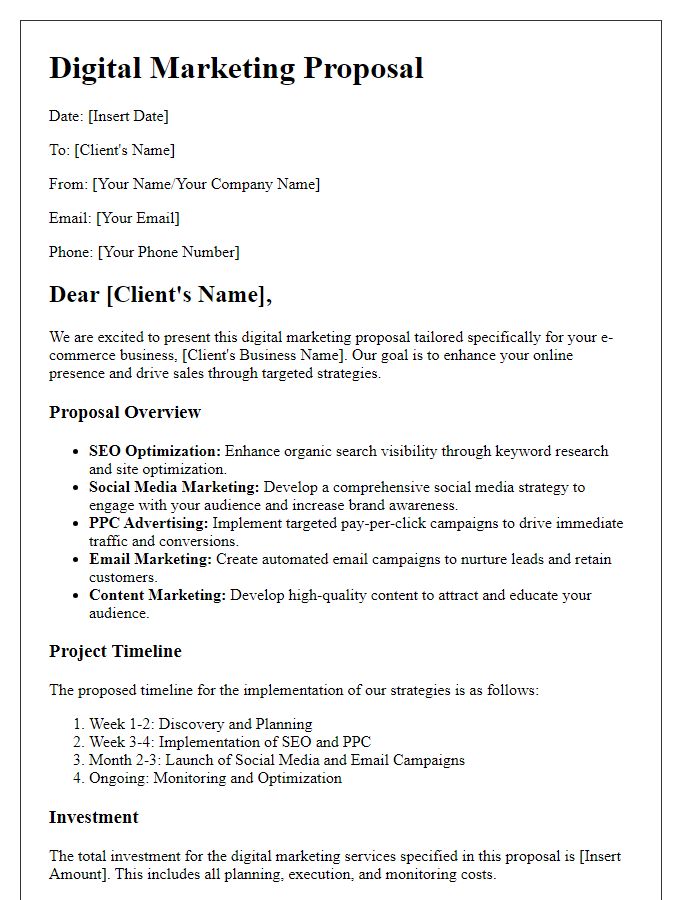 Letter template of a digital marketing proposal for e-commerce