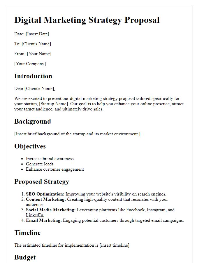 Letter template of a digital marketing strategy proposal for startups