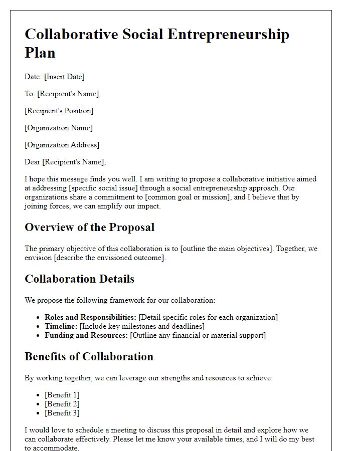 Letter template of collaborative social entrepreneurship plan