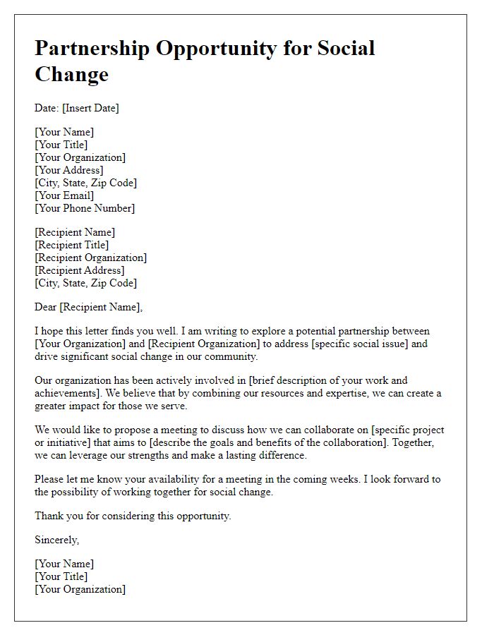 Letter template of partnership opportunity for social change