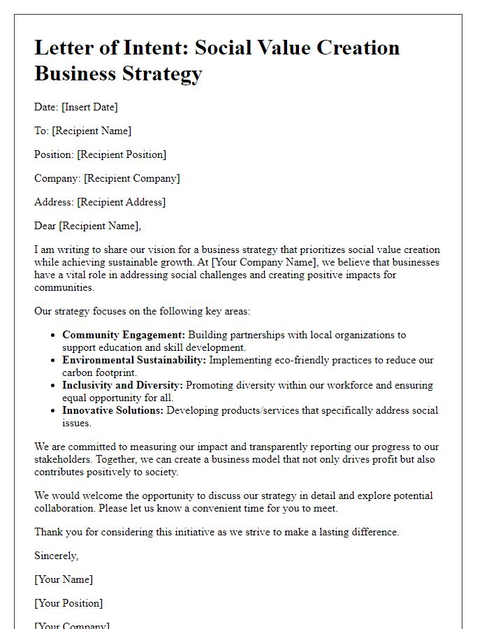 Letter template of social value creation business strategy