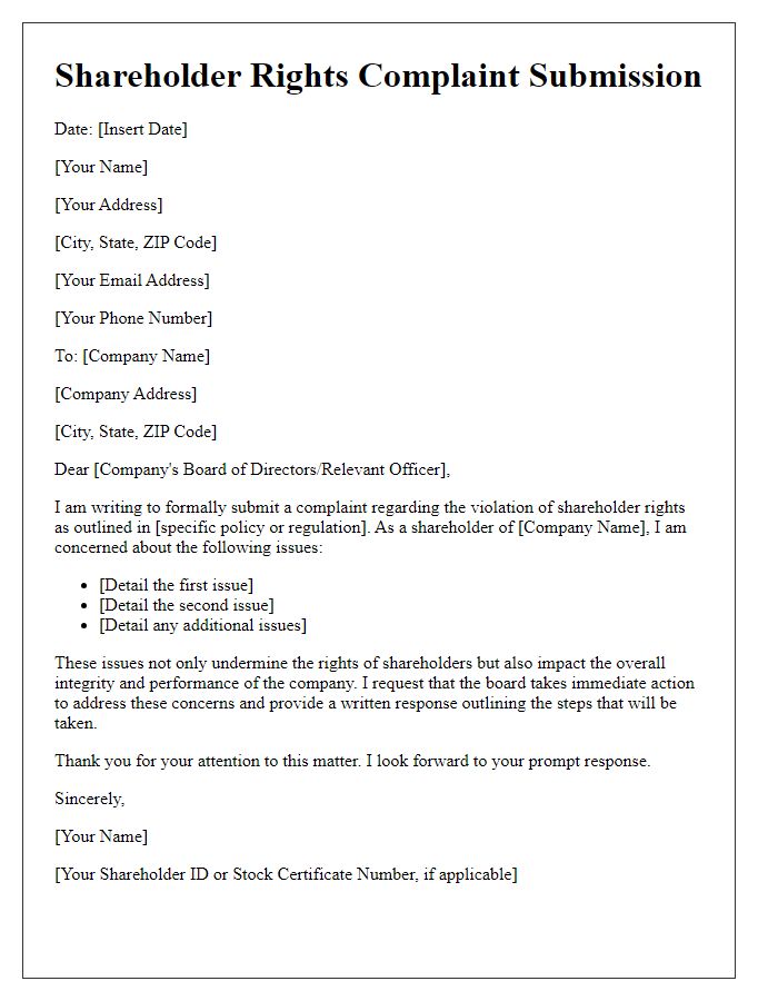 Letter template of shareholder rights complaint submission.