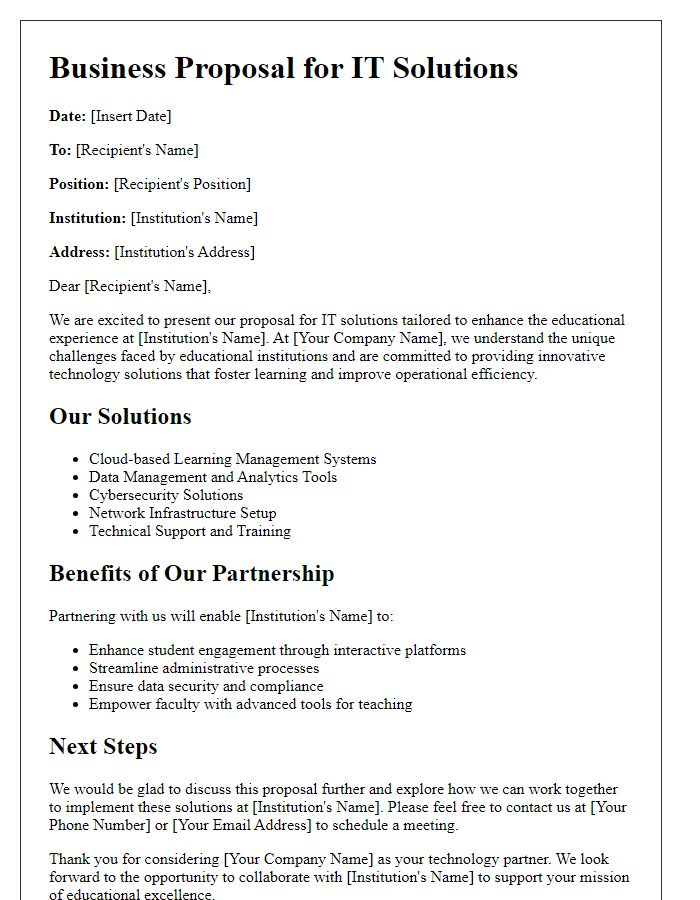 Letter template of IT solutions business proposal for educational institutions.