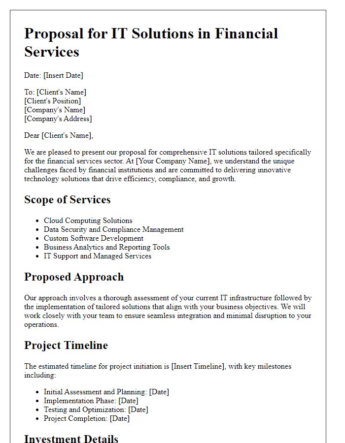 Letter template of IT solutions business proposal for financial services.