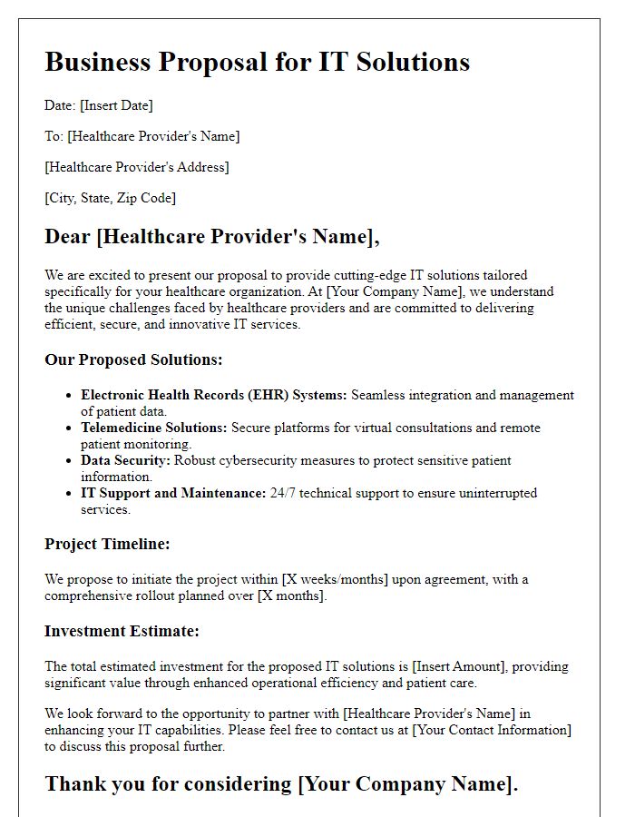 Letter template of IT solutions business proposal for healthcare providers.