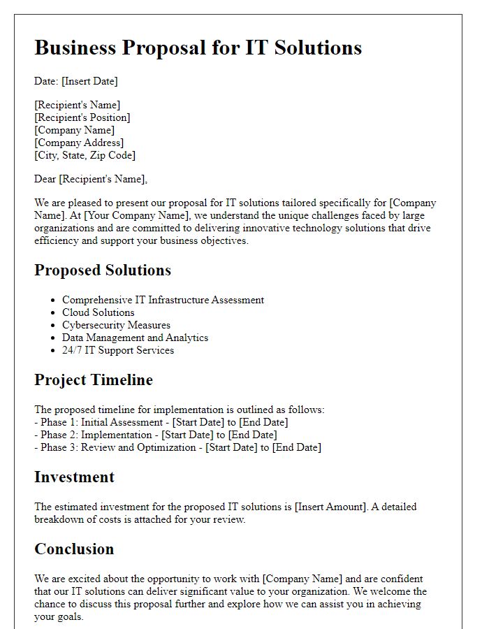 Letter template of IT solutions business proposal for large organizations.