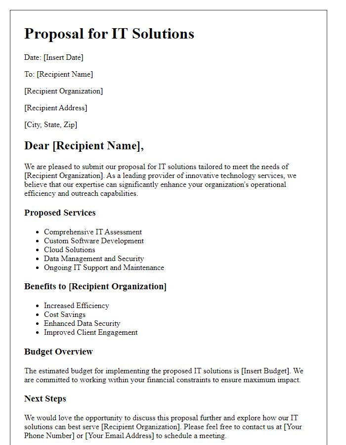 Letter template of IT solutions business proposal for non-profit organizations.