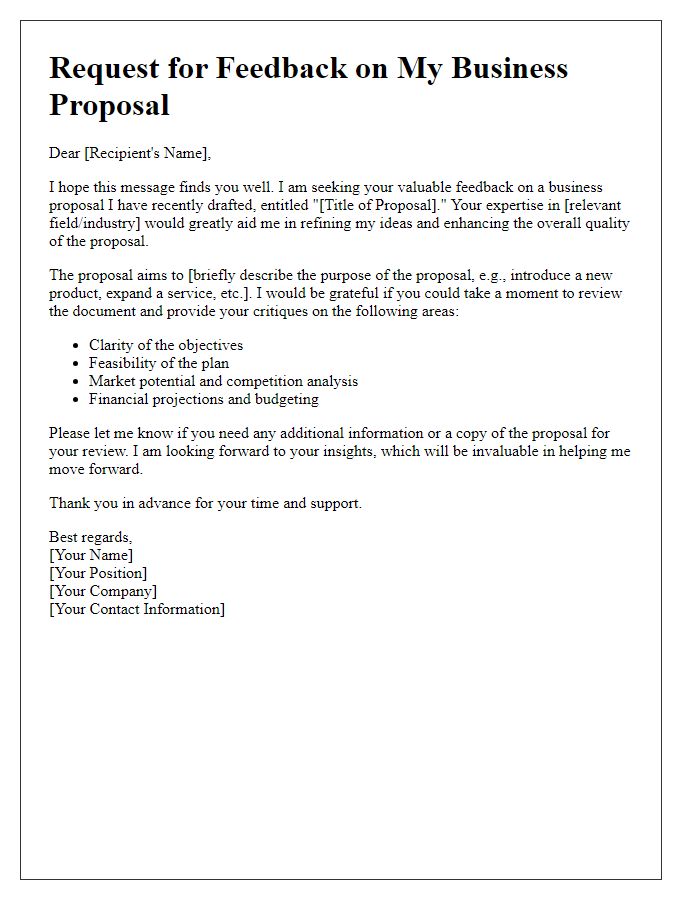 Letter template of seeking critiques on business proposal