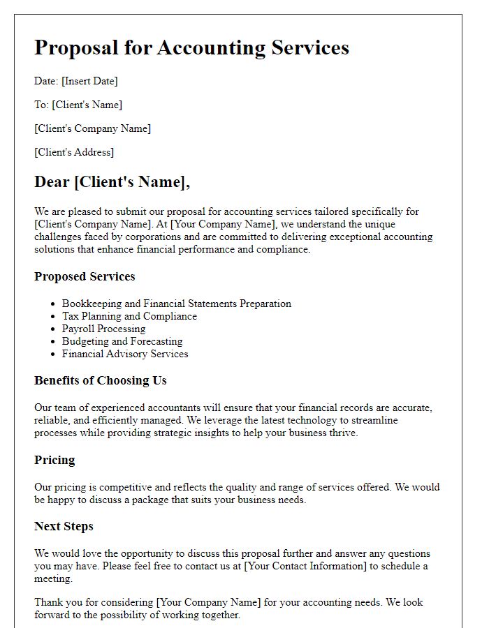 Letter template of accounting services proposal for corporations