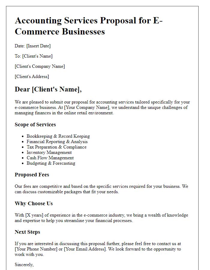 Letter template of accounting services proposal for e-commerce businesses